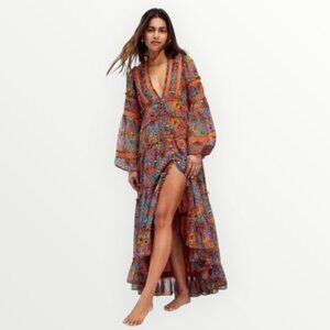 Free People Cassis Printed Pleated Chiffon Maxi Dress